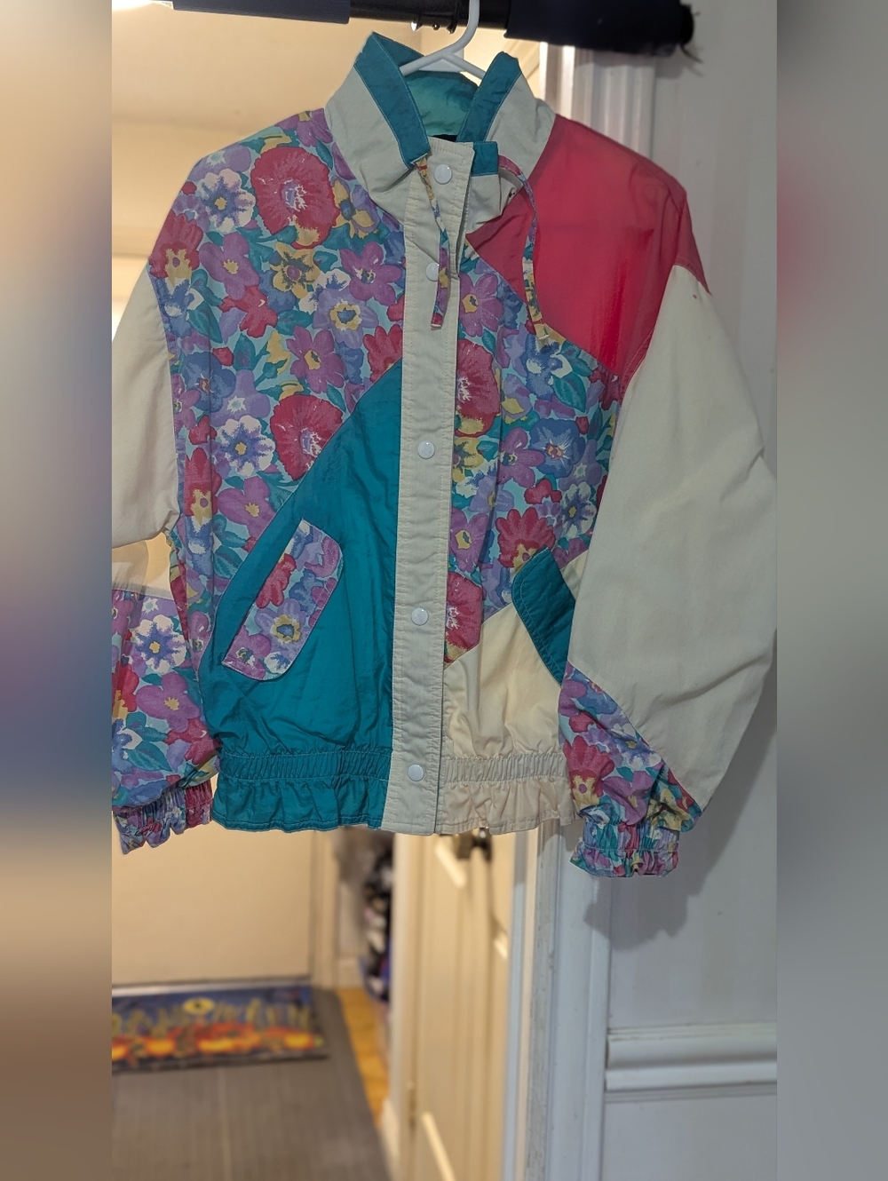 Vintage Floral Colorblock Jacket - Teal, Cream & Pink